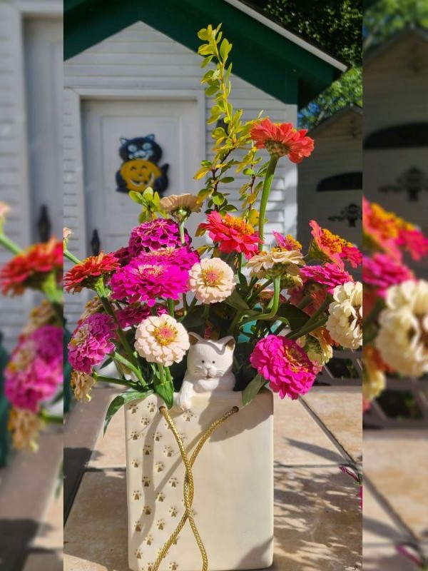Zinnia bouquet on outdoor table.