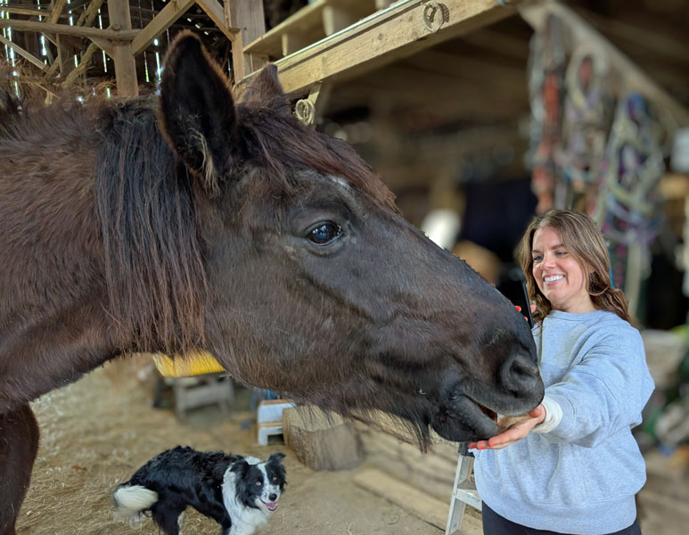 Woman plays with horse in barn.